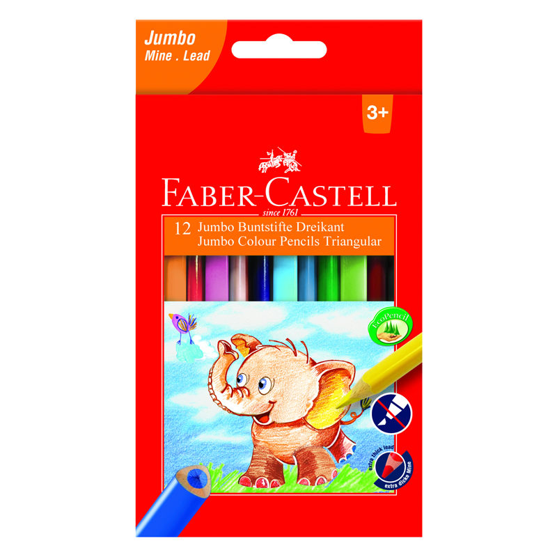 Карандаши цветные Faber-Castell "Jumbo" 12цв., трехгран., заточен., картон, европодвес, с точилкой