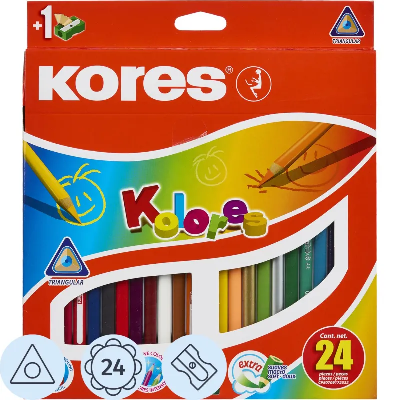Карандаши цветные 24цв 3-гран,точилка Kores 93324.01