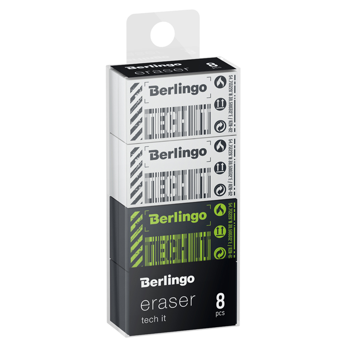 Ластик Berlingo "Tech it", 8шт, прямоугольный, 45*25*10мм, PVC бокс