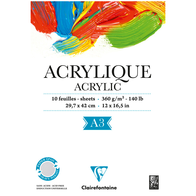 Альбом для акрила 10л., А3, на склейке Clairefontaine "Acrylic", 360г/м2