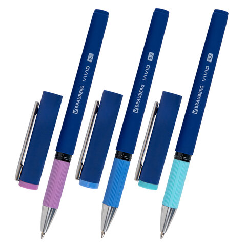 Ручка шариковая с грипом BRAUBERG "VIVID PASTEL", СИНЯЯ, SOFT TOUCH покрытие, узел 0,7 мм, линия письма 0,35 мм, 144399