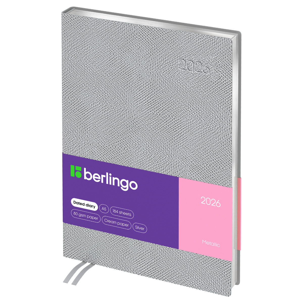 Ежедневник датированный 2026г., А5, 184л., кожзам, Berlingo "Metallic", сер. срез, серебряный металлик
