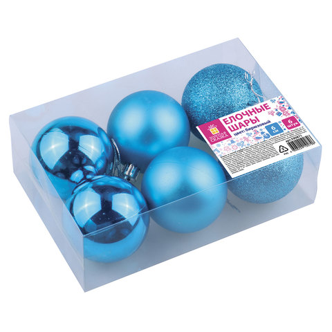Шары елочные ЗОЛОТАЯ СКАЗКА, НАБОР 6 штук, пластик, 6 см, БИРЮЗОВЫЕ (глянец, матовый, глиттер), 5908