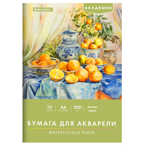 Папка для акварели А4, 10 л., 200 г/м2, 210х297 мм, BRAUBERG АКАДЕМИЯ, "Апельсины", 117743