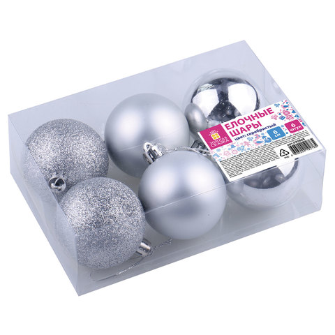 Шары елочные ЗОЛОТАЯ СКАЗКА, НАБОР 6 штук, пластик, 6 см, СЕРЕБРИСТЫЕ (глянец, матовый, глиттер), 59