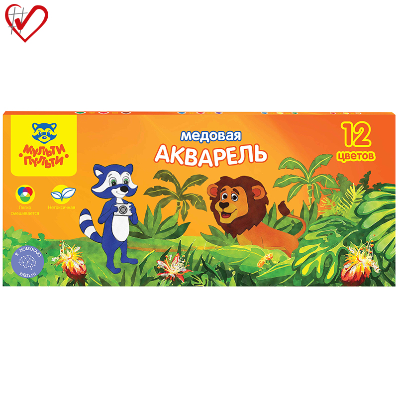 Акварель Мульти-Пульти "Енот в джунглях", медовая, 12 цветов, без кисти, картон Акварель Мульти-Пульти "Енот в джунглях", медовая, 12 цветов, без кисти, картон