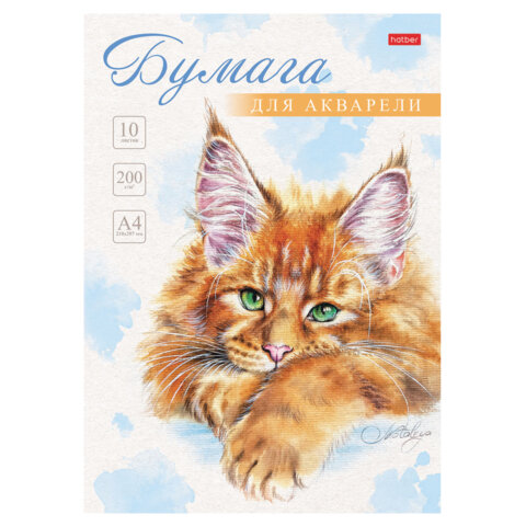 Папка для акварели А4, 10 л., 200 г/м2, 210х297 мм, HATBER, "Рыжий котик", 086706, 10Ба4тВ_29844