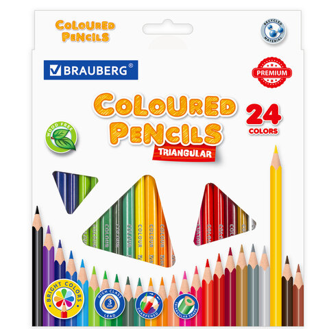 Карандаши цветные пластиковые BRAUBERG PREMIUM, 24 цвета, трехгранные, грифель мягкий 3 мм, 181663