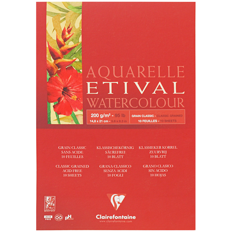 Альбом для акварели 10л., А5, на склейке Clairefontaine "Etival", 200г/м2,  классическое зерно