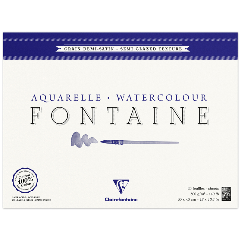 Альбом для акварели 25л., 30*40, на склейке Clairefontaine "Fontaine Demi-satiné", 300г/м2, горяч. п