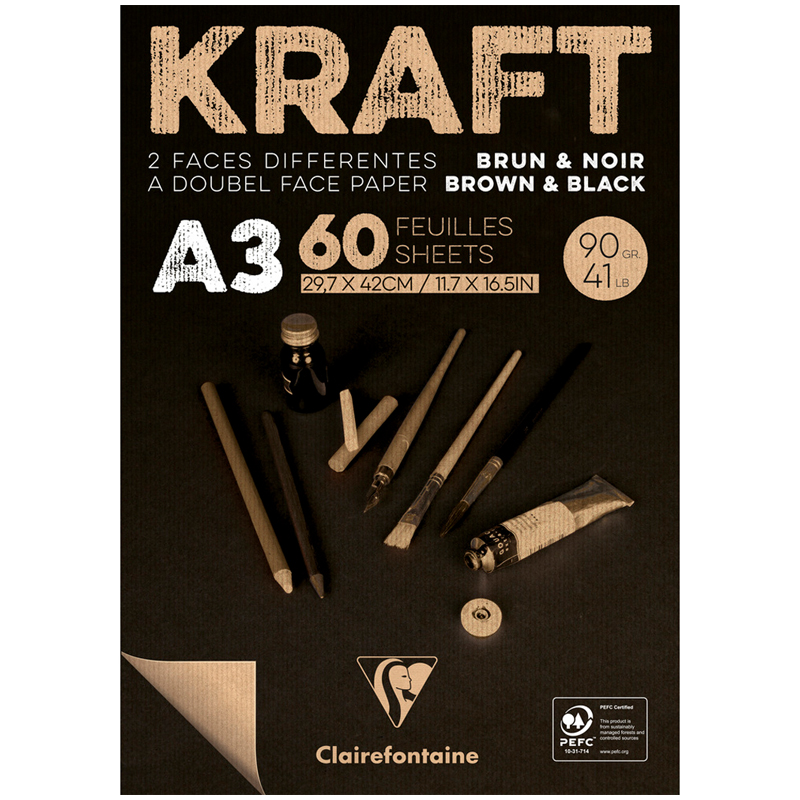Блокнот для эскизов и зарисовок 60л. А3 на склейке Clairefontaine "Kraft", 90г/м2,верже,черный/крафт