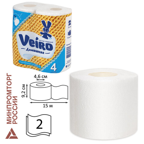Бумага туалетная бытовая, спайка 4 шт., 2-х слойная (4х15 м), VEIRO "Домашняя", белая, 1с24