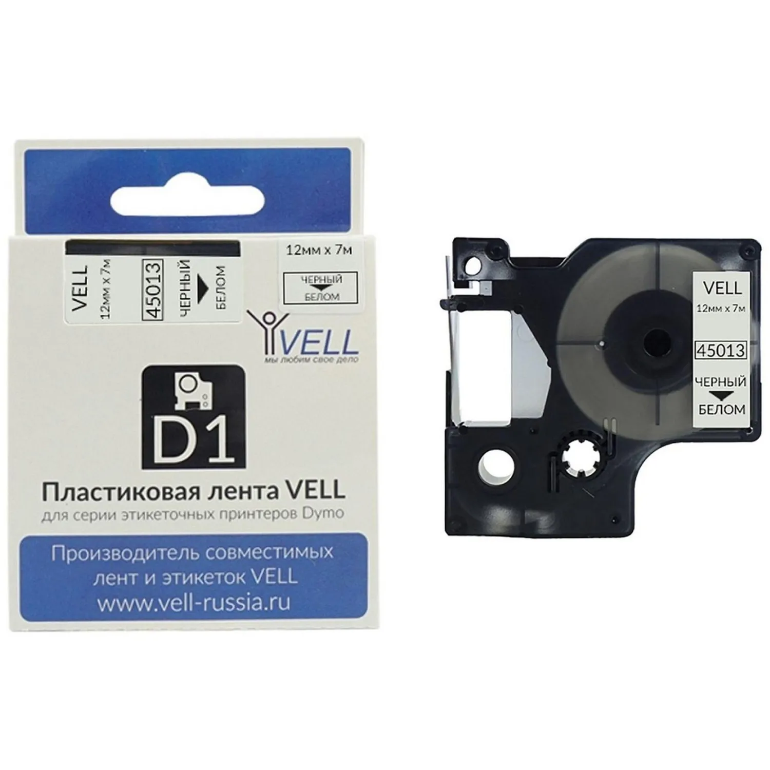 Картридж Vell VL-D-S0720530/45013 для принтера этикеток Dymo (12 мм x 7 м, цвет ленты белый, шрифт ч
