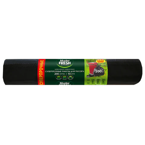 Мешки для мусора 200 л, XXXL, суперпрочные, черные, 34 мкм, 10 шт., MASTER FRESH