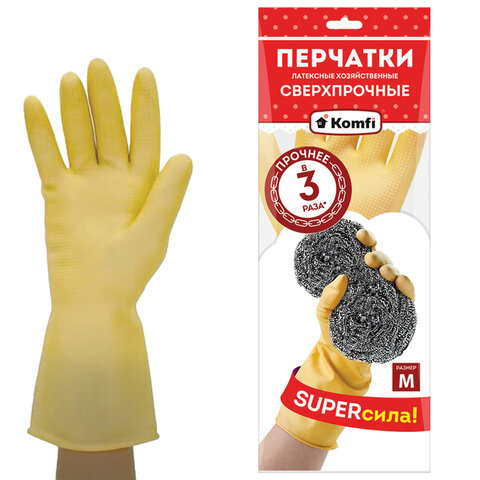 Перчатки МНОГОРАЗОВЫЕ латексные SUPER СИЛА СВЕРХПРОЧНЫЕ, бежевые, размер M (средний), вес 96 г, Komf