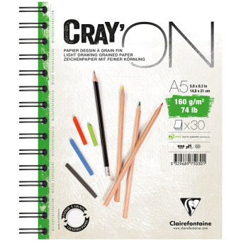 Скетчбук - блокнот 30л., А5 Clairefontaine "Cray ON", на гребне, 160г/м2, мелкозерн.