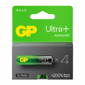 Батарейки КОМПЛЕКТ 4 шт., GP Ultra Plus, AA (LR06, 15А), алкалиновые, пальчиковые, блистер, 15AUP-2C