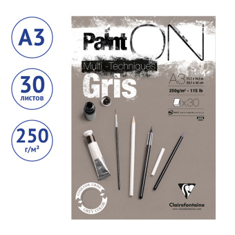 Скетчбук - альбом для смешанных техник 30л., А3, на склейке Clairefontaine "Paint'ON Grey", 250г/м2,