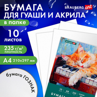 Бумага для гуаши и акрила А4 10 л., 235 г/м2, 210х297 мм, в папке, BRAUBERG ART CLASSIC, "Кот-музыкант"