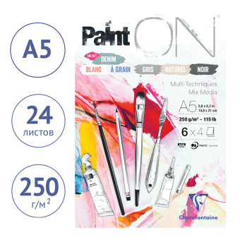 Скетчбук - альбом для смешанных техник 24л., А5, на склейке Clairefontaine "Paint'ON", 250г/м2, 6 цв