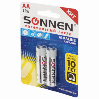 Батарейки SONNEN Alkaline, АА (LR06, 15А), алкалиновые, КОМПЛЕКТ 2 шт., в блистере, 451084