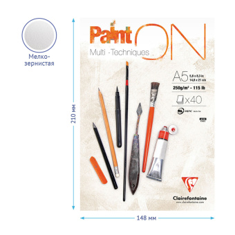 Скетчбук - альбом для смешанных техник 40л., А5, на склейке Clairefontaine "Paint'ON", 250г/м2, мелк