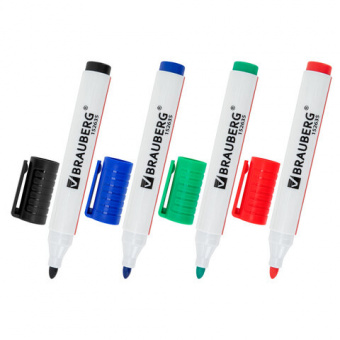 Маркеры стираемые для белой доски, НАБОР 4 ЦВЕТА, BRAUBERG "ULTRA WHITEBOARD MARKER", 3 мм