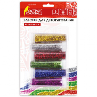 Блестки (глиттер) для декора, поделок, DIY, творчества, оформления, ОСТРОВ СОКРОВИЩ, НАБОР, 6 цветов