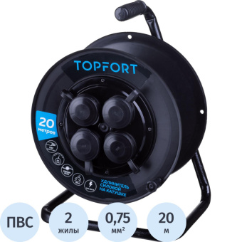 Удлинитель Topfort пласт. ПВС 2х0,75 кв.мм 20м 6А 4 гн. б/з.,с/загл.,IP44