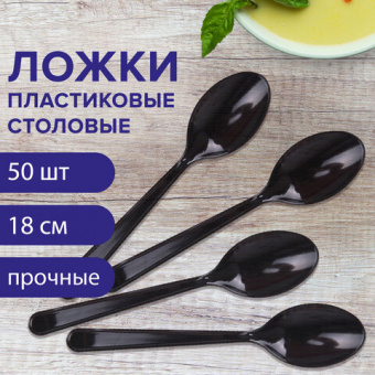 Одноразовые ложки столовые 180 мм КОМПЛЕКТ 50 шт., ЭТАЛОН, пластиковые, черные, БЕЛЫЙ АИСТ, 607836