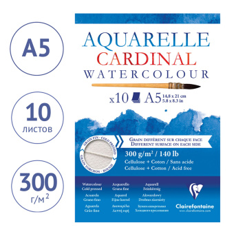 Альбом для акварели 10л., А5, на склейке Clairefontaine "Cardinal", 300г/м2, торшон, холод. пресс.,