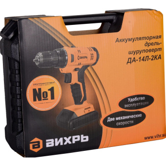 Дрель-шуруповерт безударная аккумуляторная Вихрь ДА-14Л-2KА 14.4 В Li-ion 2 АКБ 1.5 Ач+ЗУ (72/14/20)