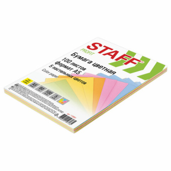 Бумага цветная STAFF "Profit" МАЛОГО ФОРМАТА (148х210 мм), А5, 80 г/м2, 100 л. (5цв. х 20 л.), цветн