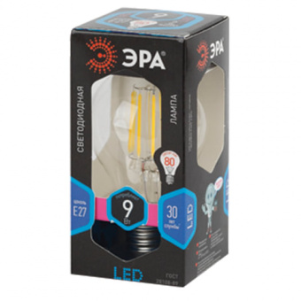 Лампа светодиодная филаментная ЭРА, 9 (80) Вт, цоколь E27, грушевидная, холодный белый свет, 30000 ч