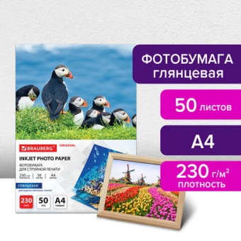 Фотобумага глянцевая, А4, 230 г/м2, односторонняя, 50 листов, BRAUBERG ORIGINAL