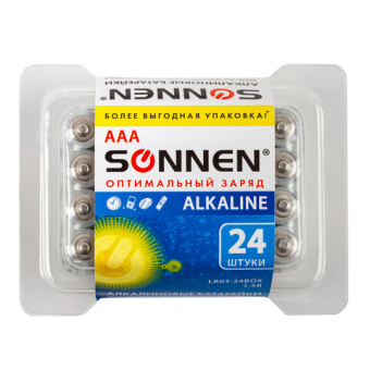 Батарейки КОМПЛЕКТ 24 шт, SONNEN Alkaline, ААА (LR03, 24А), алкалиновые, мизинчиковые, короб