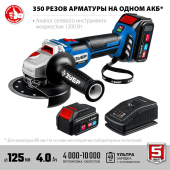 Шлифмашина угловая бесщеточная аккум. ЗУБР AB-125-42, 20 В, 2 АКБ (4Ач)