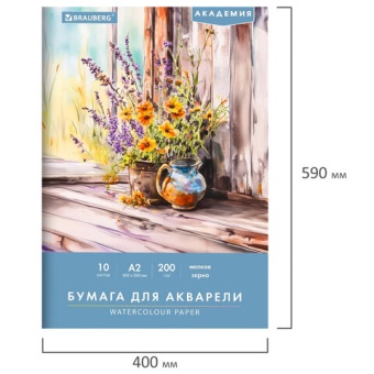 Папка для акварели БОЛЬШАЯ А2, 10 л., 200 г/м2, 400х590 мм, BRAUBERG АКАДЕМИЯ, "Полевые цветы", 117739
