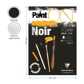 Скетчбук - альбом для смешанных техник 20л., А3, на склейке Clairefontaine "Paint'ON Noir", 250г/м2,