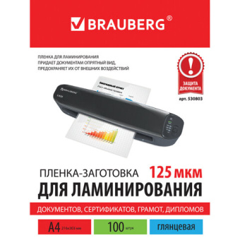Пленки-заготовки для ламинирования А4, КОМПЛЕКТ 100 шт., 125 мкм, BRAUBERG