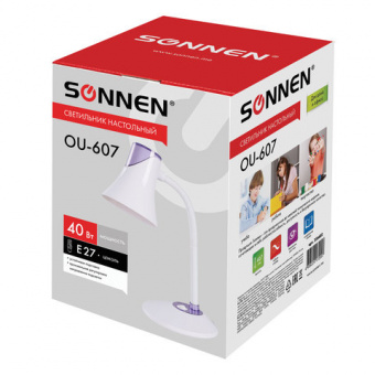 Светильник настольный SONNEN OU-607, на подставке, цоколь Е27, белый/фиолетовый, 236682