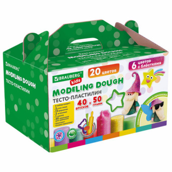 Пластилин-тесто для лепки BRAUBERG KIDS, 40 шт., 2000 г, 12 формочек, 2 стека, 2 штампика, 1 скалка,