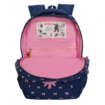 Рюкзак GRIZZLY школьный, анатомическая спинка, 2 отделения, для девочек, "PINK BOWS", 39х30х20 см, R