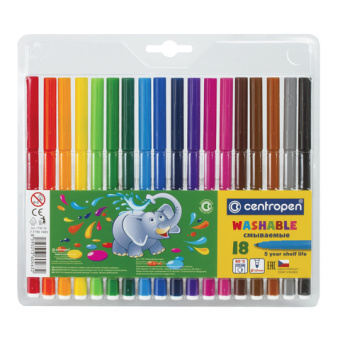 Фломастеры 18 ЦВЕТОВ CENTROPEN "Washable", смываемые, вентилируемый колпачок, 7790/18TP, 7 7790 1885