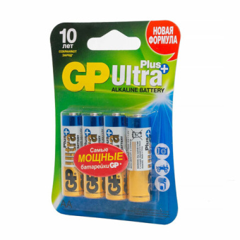 Батарейки КОМПЛЕКТ 4 шт., GP Ultra Plus, AA (LR06, 15А), алкалиновые, пальчиковые, блистер, 15AUP-2C