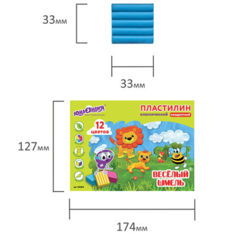 Пластилин классический ЮНЛАНДИЯ "ВЕСЁЛЫЙ ШМЕЛЬ", 12 цветов, 204 г, СО СТЕКОМ, КВАДРАТНЫЙ, 104823