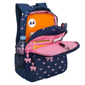 Рюкзак GRIZZLY школьный, анатомическая спинка, 2 отделения, для девочек, "PINK BOWS", 39х30х20 см, R