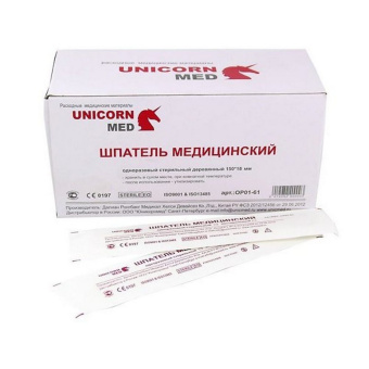 Шпатель терапевтический деревянный стерильный Unicornmed (100 штук в упаковке)