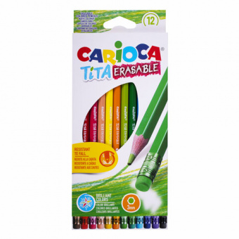 Карандаши цветные стираемые с резинкой CARIOCA "Erasable", 12 цветов, пластик, шестигранные, заточен