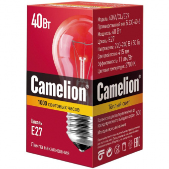 Лампа накаливания Camelion 40/A/CL/E27 40Вт Е27 гр